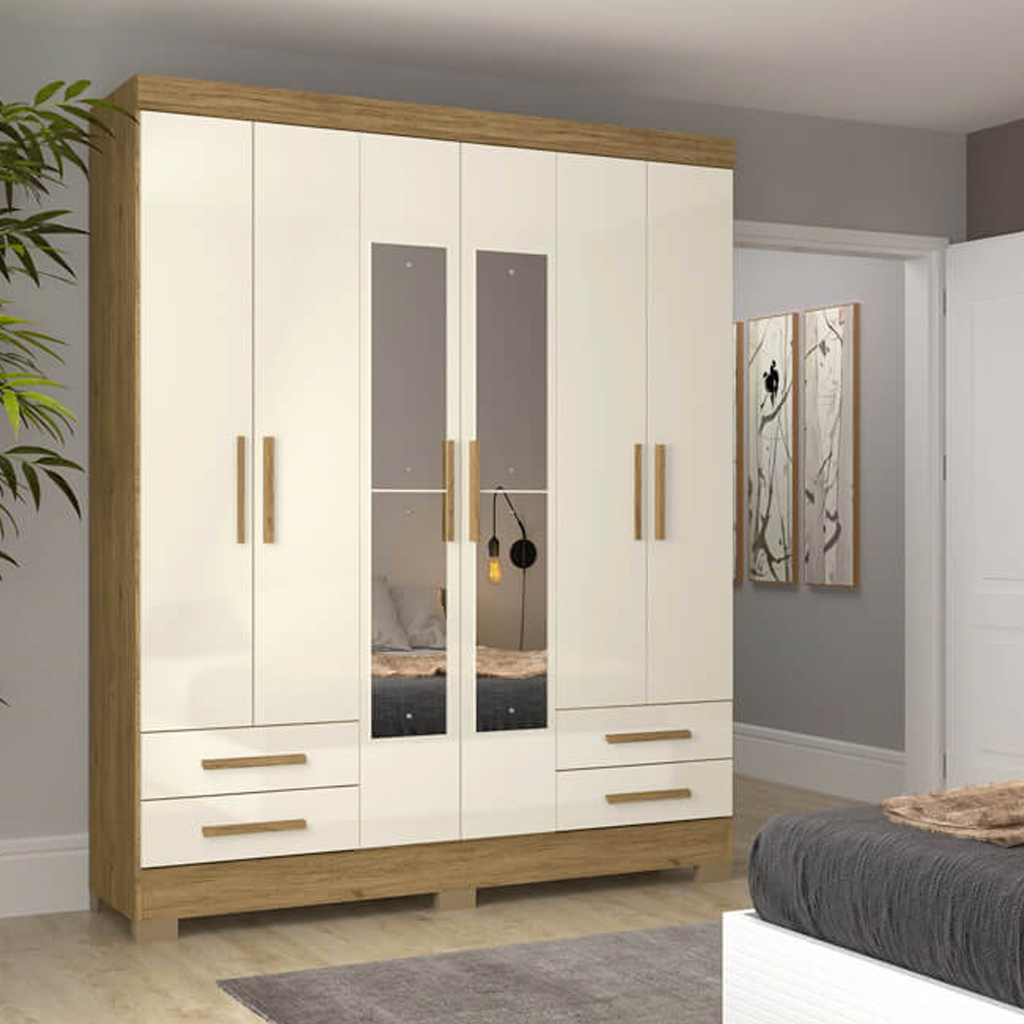 Guarda Roupa de Casal Briz 6 Portas 4 Gavetas B63-106 RÃºstico Off/White